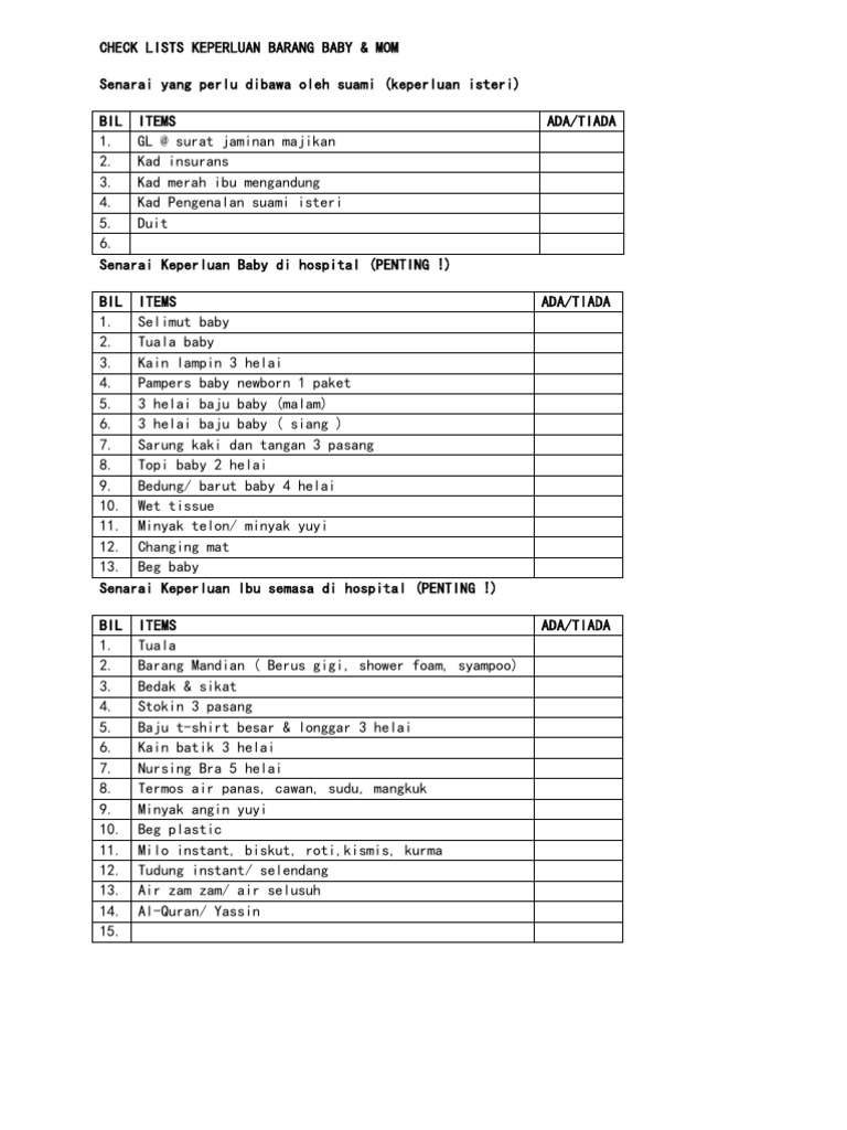 Check Lists Keperluan Barang Baby Pdf