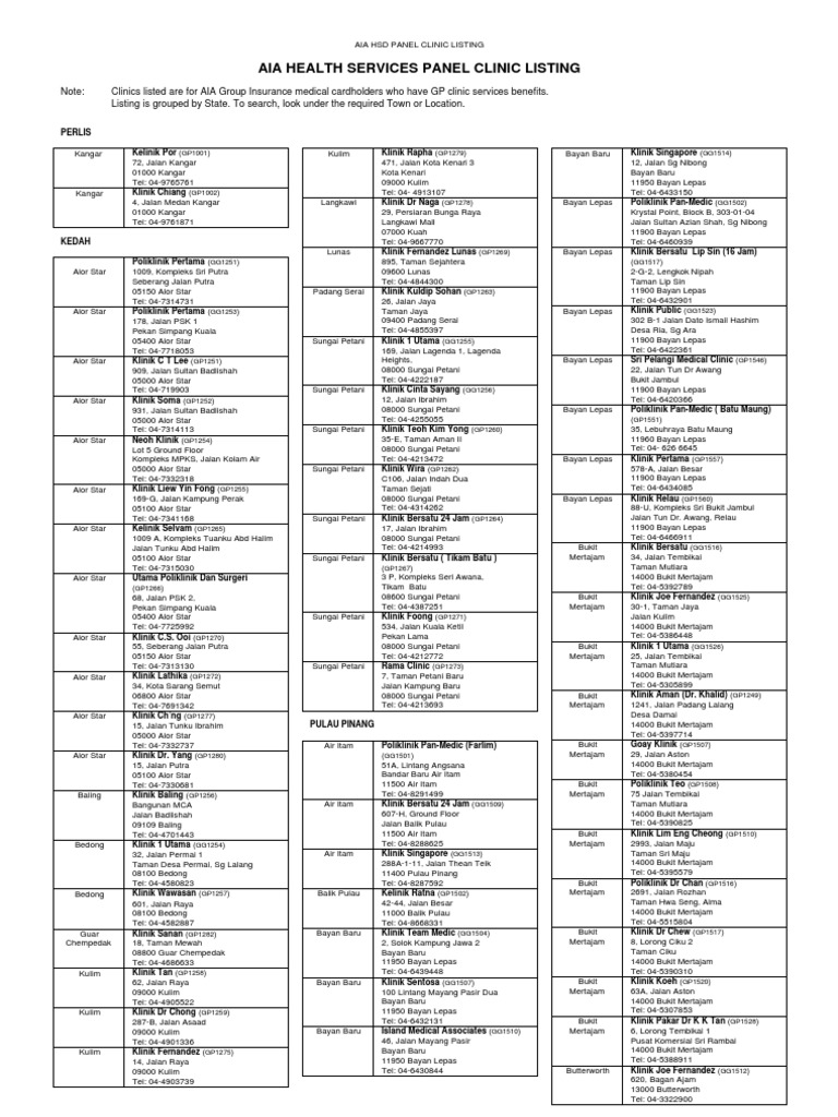 AIA Panel Clinic Listing 2024 | PDF | Malaysia