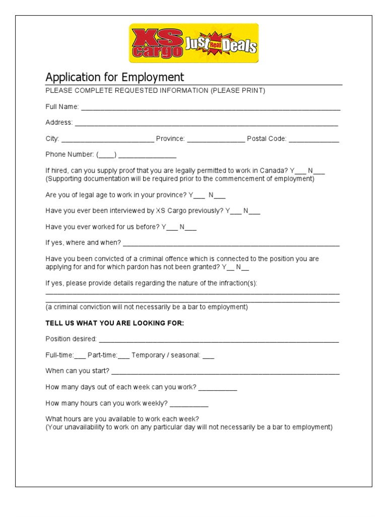 XS Cargo Job App Form S PDF Salary Government Information