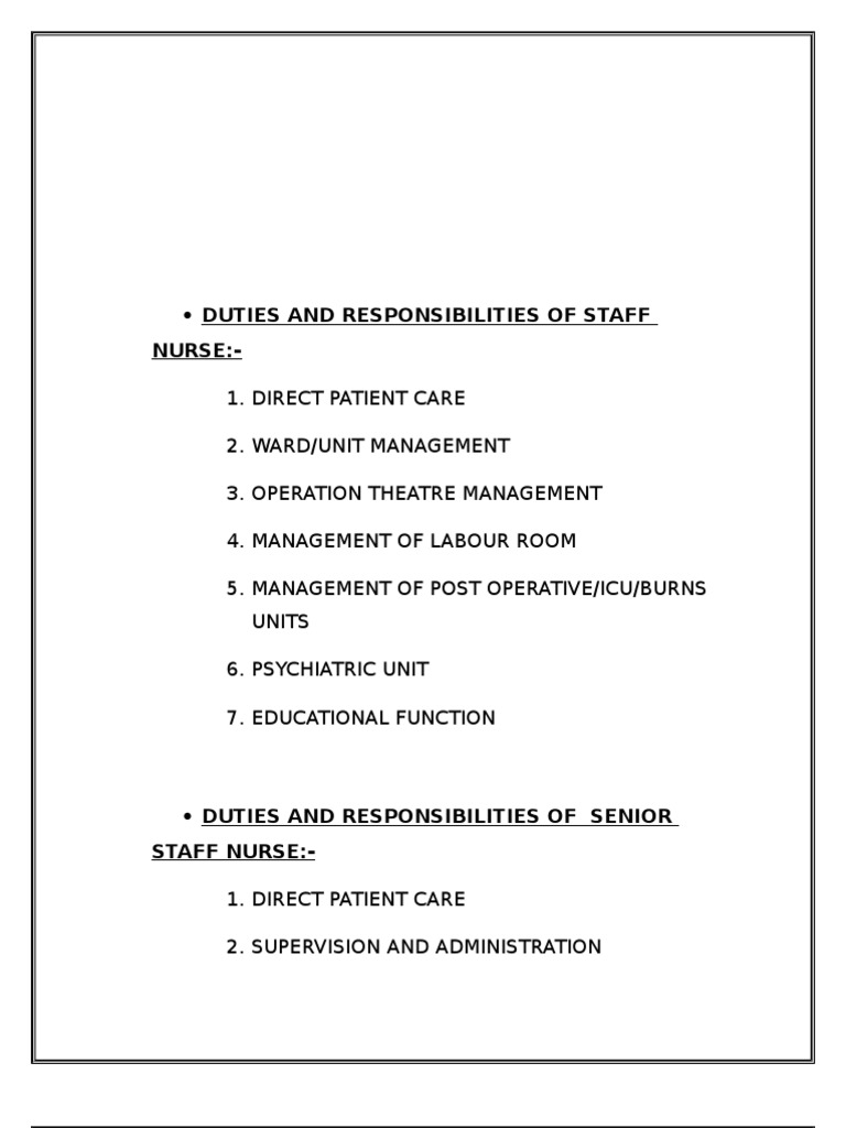 Roles and responsibilities of staff nurse