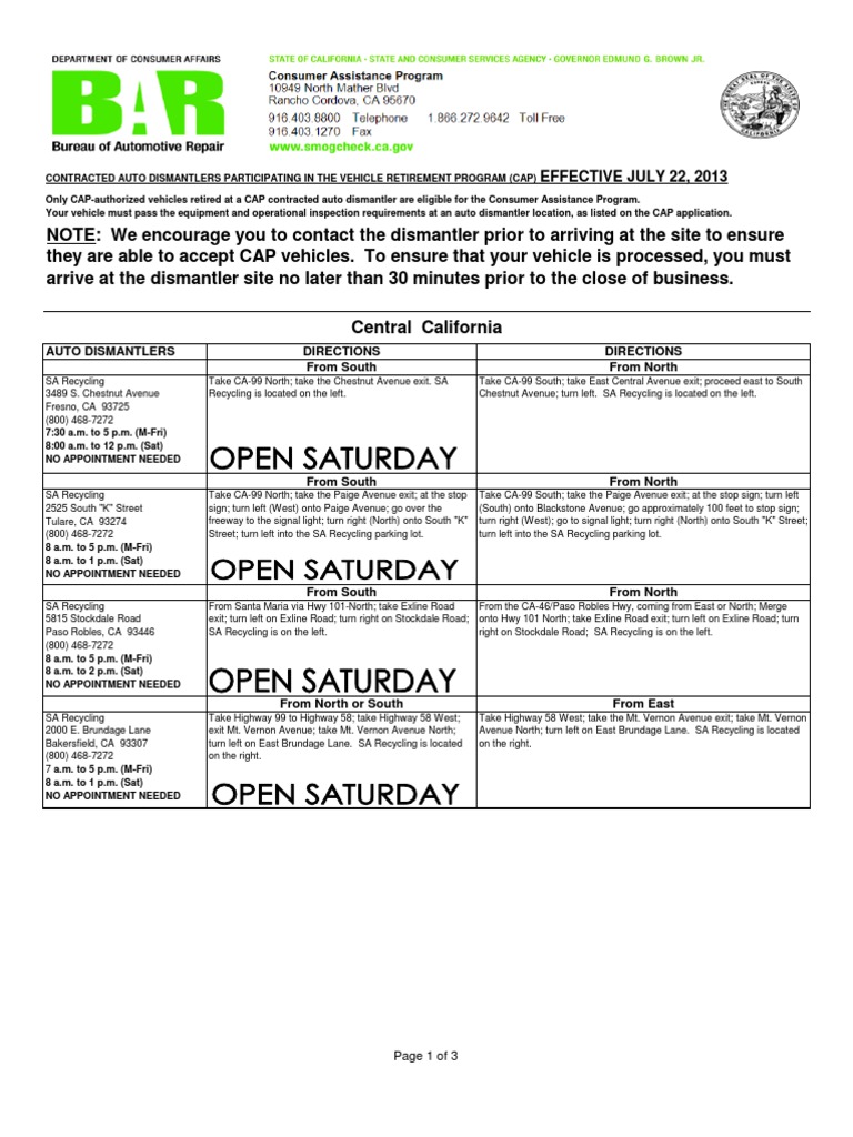 Car Retirement Program Ca >> Bureau Of Automotive Repair Auto Dismantlers Participating In The Car Retirement Program Ca >> Bureau Of Automotive Repair Auto Dismantlers Participating In The