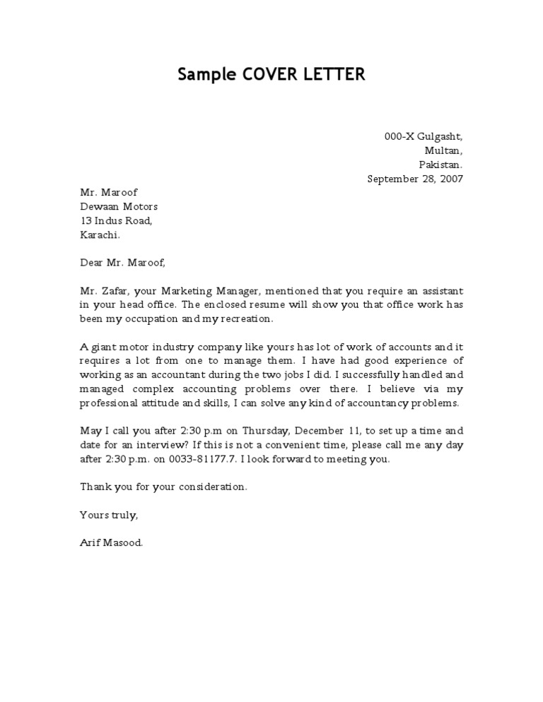 Sample Cover Letter Cv