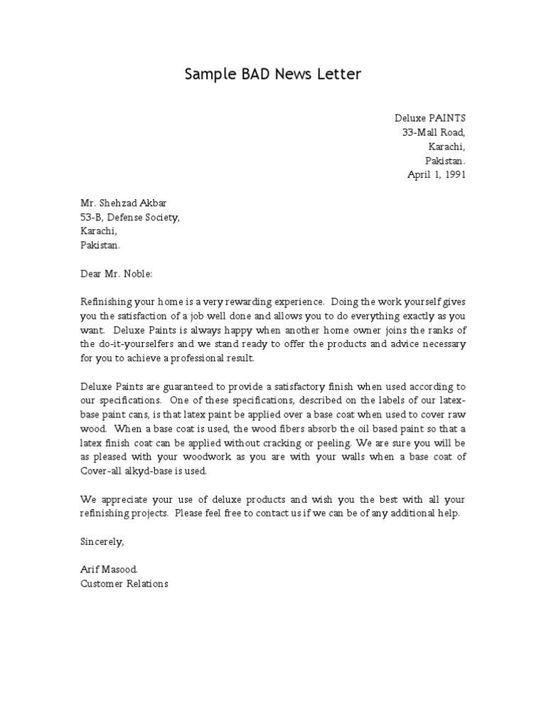 Sample bad news letter pdf