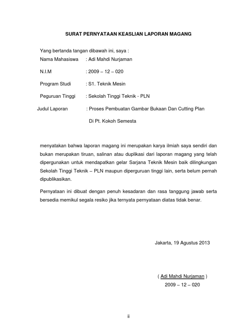 Surat Pernyataan Keaslian Laporan Magang Pdf
