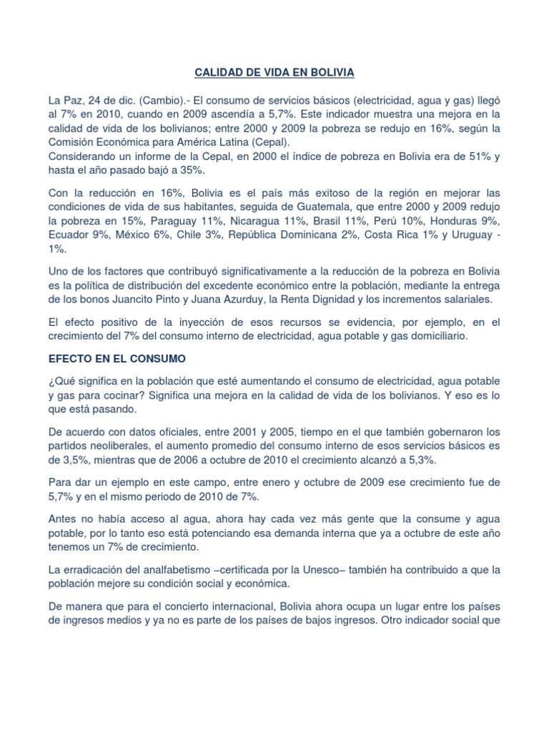 Calidad de Vida en Bolivia | PDF | Bolivia | Crecimiento económico