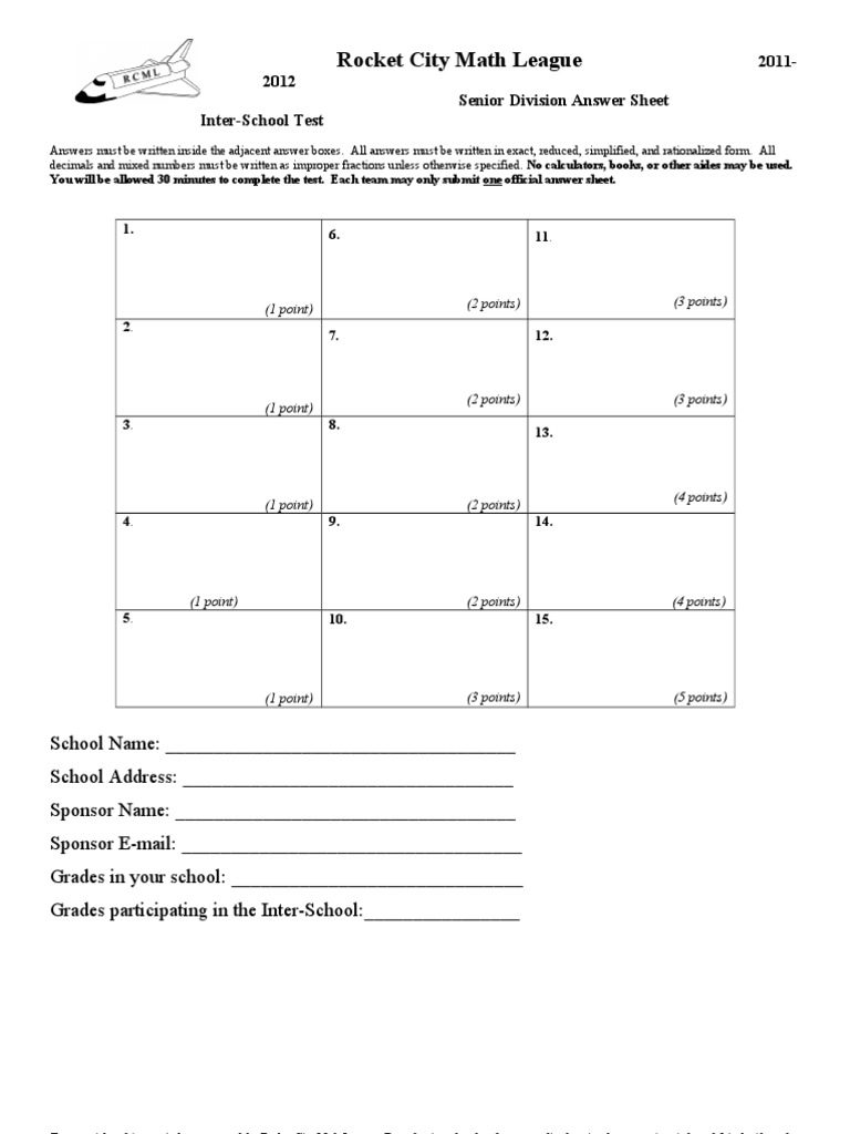 Rocket City Math League Answer Sheet | PDF | Career & Growth | Games ...