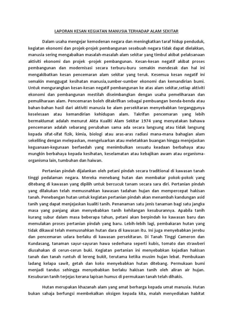 Laporan Kesan Kegiatan Manusia Terhadap Tumbuhan Semulajadi Dan Hidupan Pdf