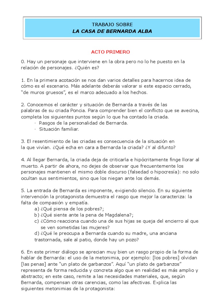 Preguntas Sobre La Casa De Bernarda Alba Bachillerato Science Ciencia Filosofica