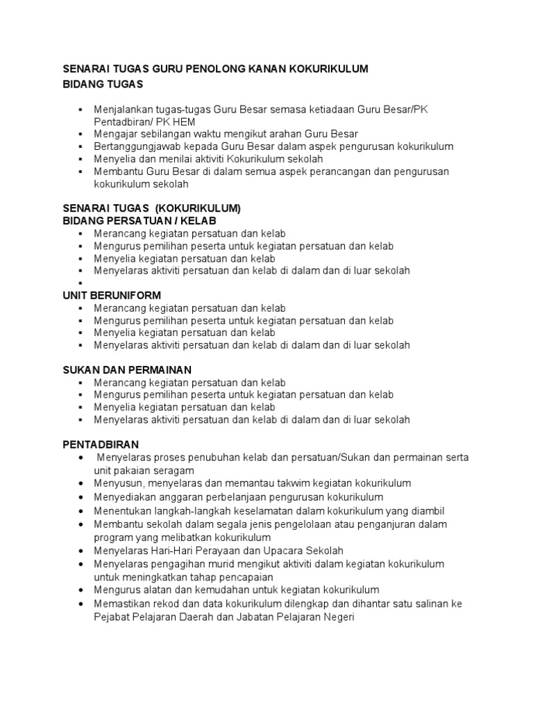 Senarai Tugas Guru Penolong Kanan Pdf