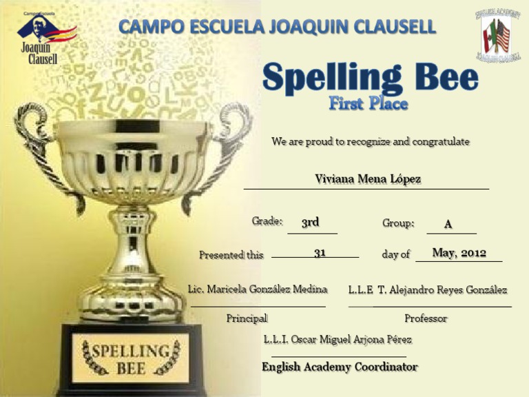 Spelling Bee First Place Award 2012 | PDF