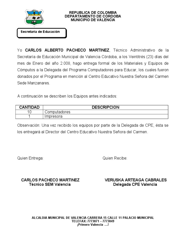 Acta de Entrega Computadores Para Educar  Ciencia (General)  Ciencia