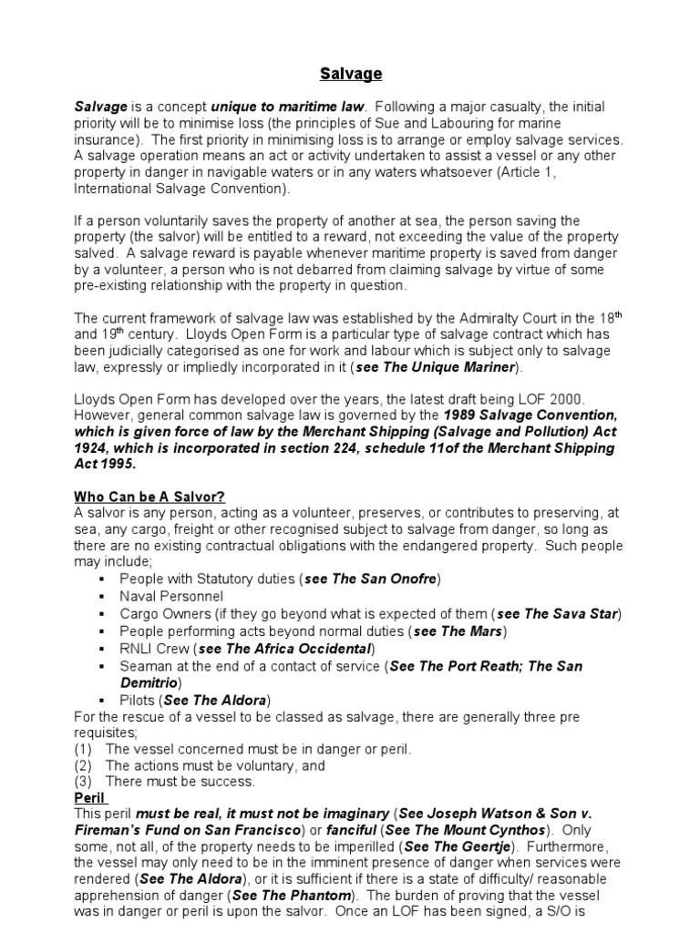 Salvage Notes PDF Marine Salvage Admiralty Law