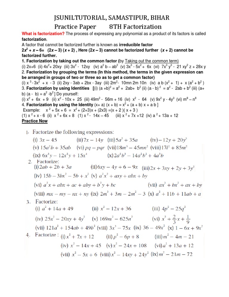 8th Grade Factorization Practice Paper | PDF