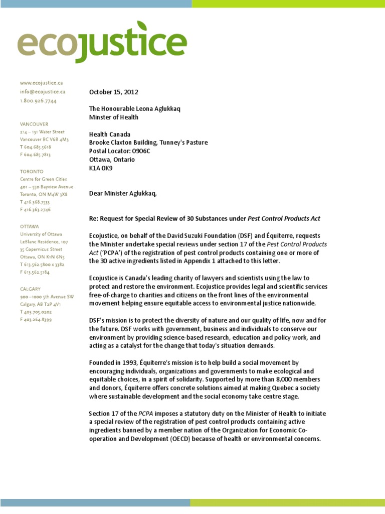 Request For Special Review of 30 Substances Under Pest Control Products