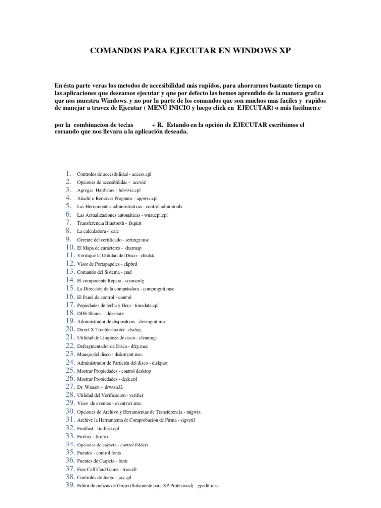 Comandos para ejecutar en windows xp docx windows xp microsoft windows