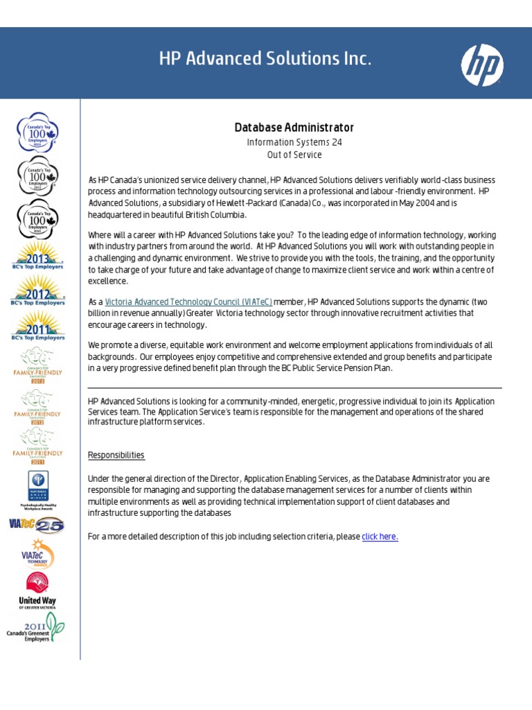HP Advanced Solutions Inc. Database Administrator PDF Hewlett