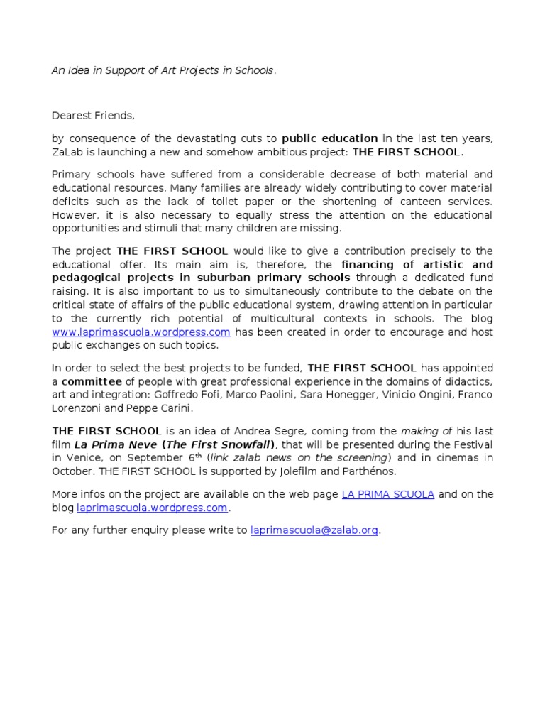 Support for The First School Project | PDF