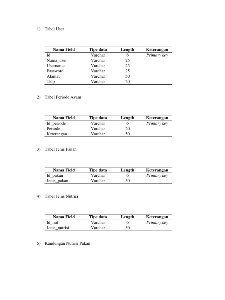 Nama Field Tipe Data Length Keterangan: Primary Key | PDF | Computers