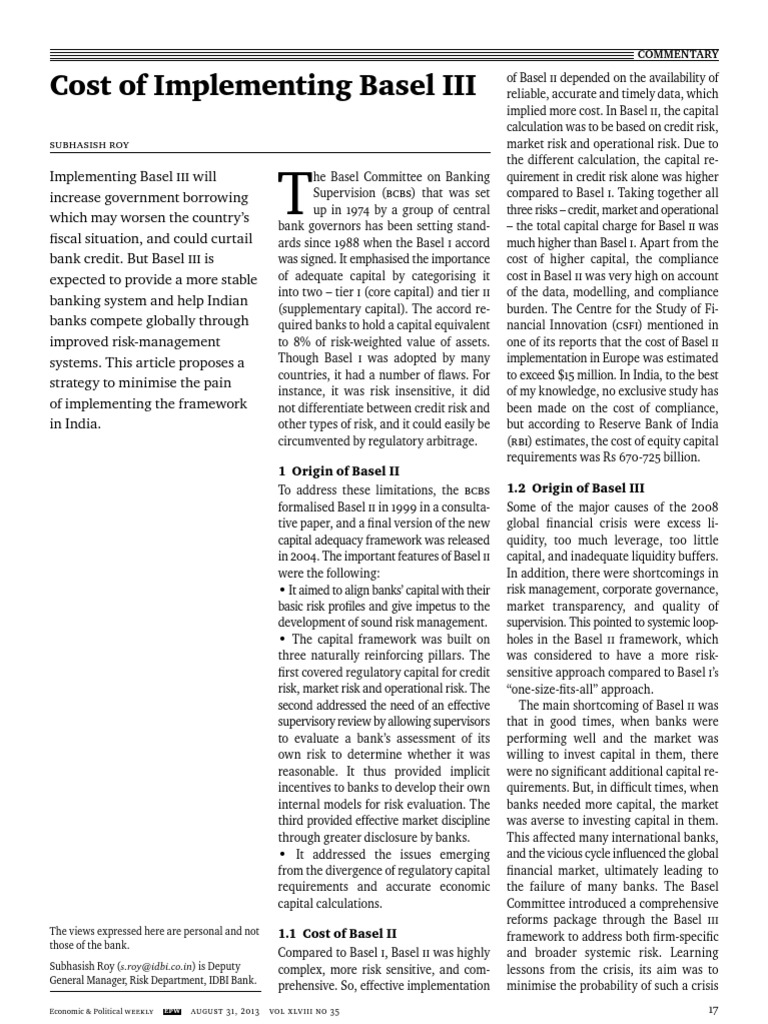 Cost of Implementing Basel III PDF Basel Ii Basel Iii