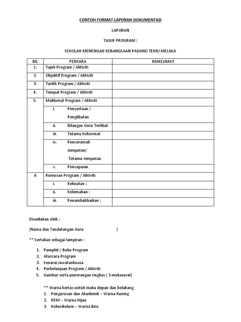 Contoh Format Laporan Dokumentasi Laporan Tajuk Program Sekolah Menengah Kebangsaan Padang Temu Melaka Bil 1 2 3 4 5