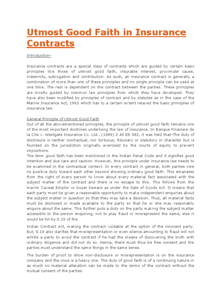 Utmost Good Faith In Insurance Contracts Pdf Misrepresentation Insurance