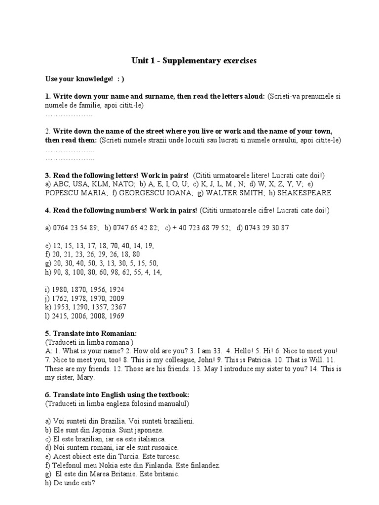Exercises Unit 1 | PDF