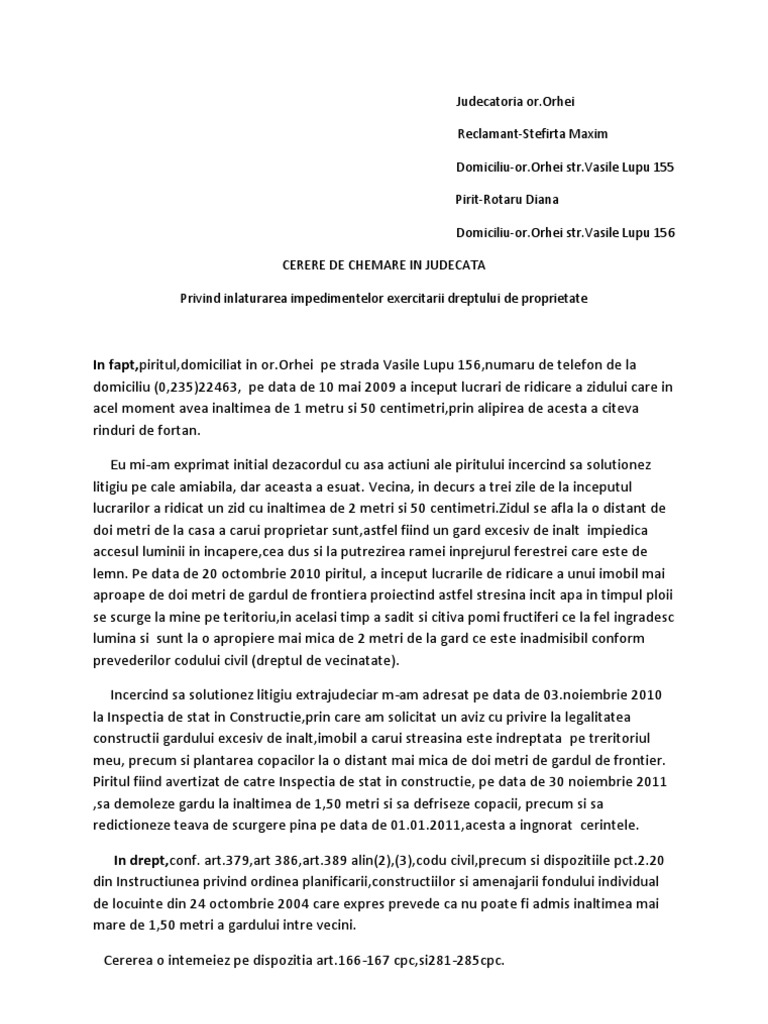 Model Cerere De Chemare In Judecata Conflict In Cu Privire La Dreptu De Vecinatate