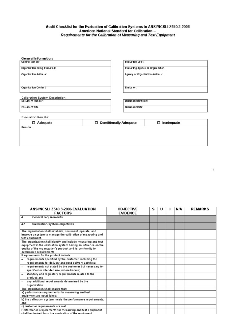 Audit Checklist for the Evaluation of Calibration Systems Calibration