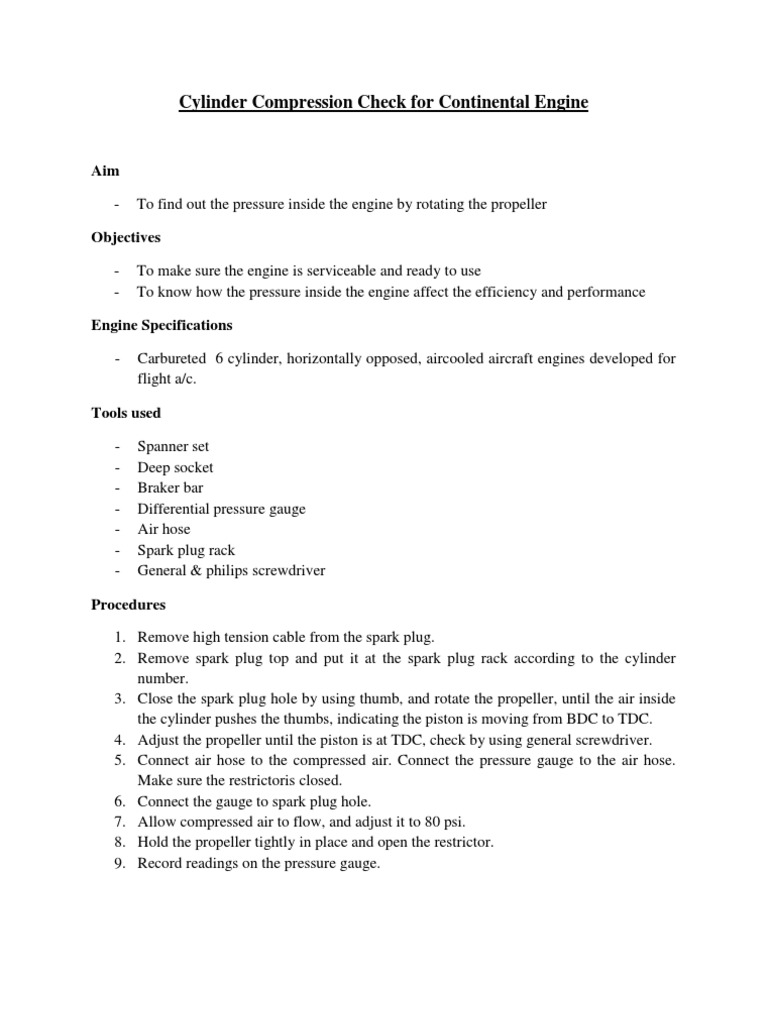 Cylinder Compression Test for Aircraft Engines | PDF