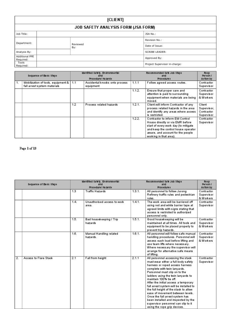 Example JSA Job Safety Analysis PDF Prevention Safety