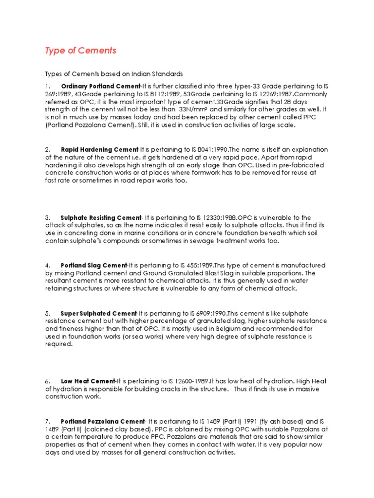 Types of Cement as per IS Standards | PDF | Mortar (Masonry) | Concrete