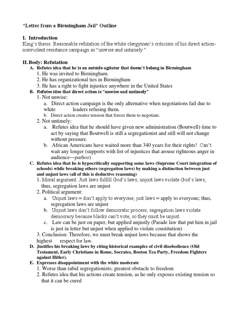 Outline letter from birmingham jail politics religion and belief