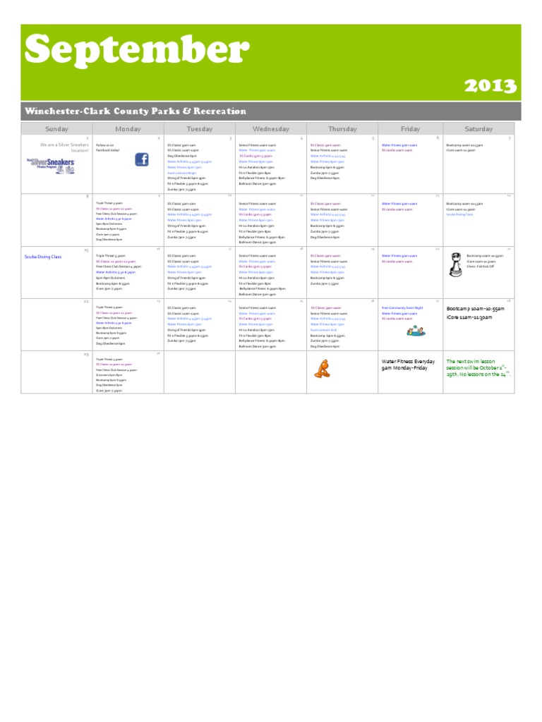 September 2013 Fitness Schedule | PDF | Determinants Of Health | Hobbies