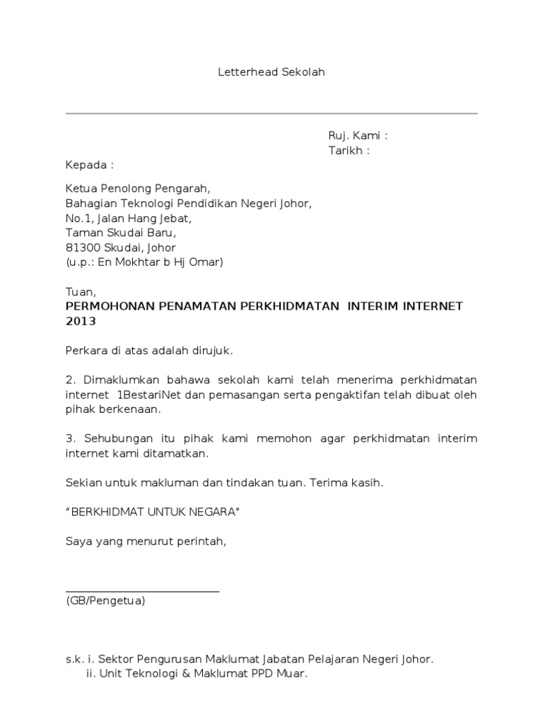 Contoh Surat Penamatan Service Internet