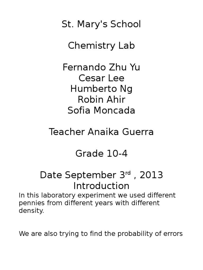 Chemistry Lab Pennies 1982 PDF Density Accuracy And Precision
