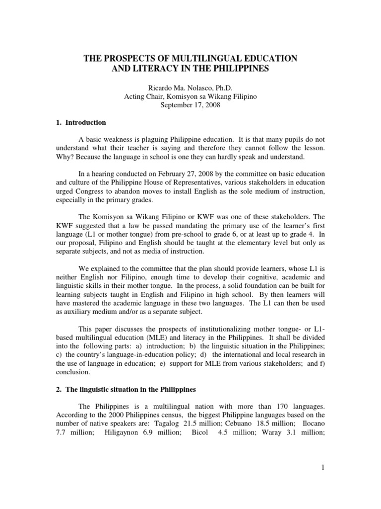 Multilingual Education in Philippines | PDF | Second Language | First ...