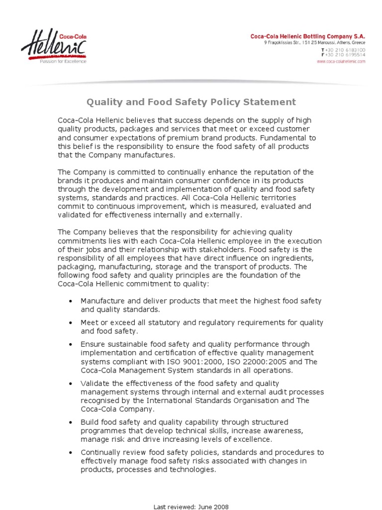 Coca-Cola Hellenic Food Safety Policy | PDF | Food Safety | Safety