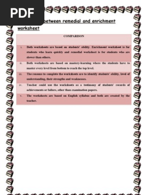 comparison between remedial and enrichment worksheet pdf