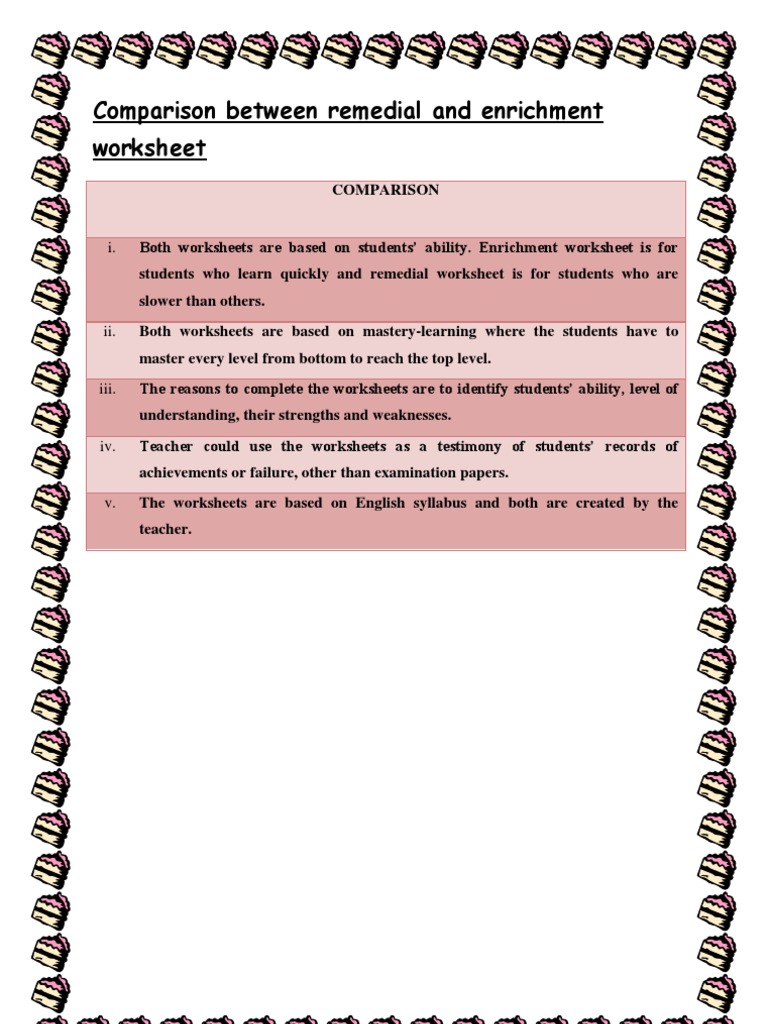comparison between remedial and enrichment worksheet pdf