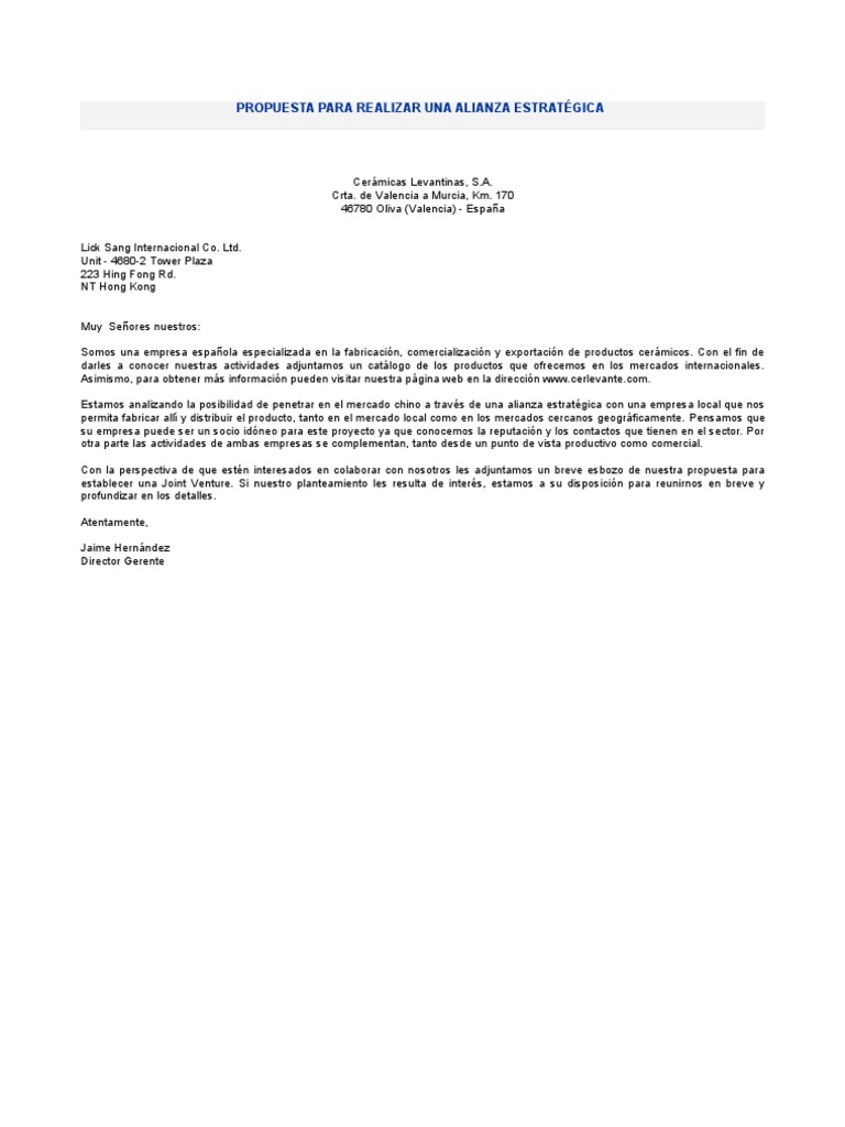 Ejemplo de carta PROPUESTA PARA REALIZAR UNA ALIANZA 