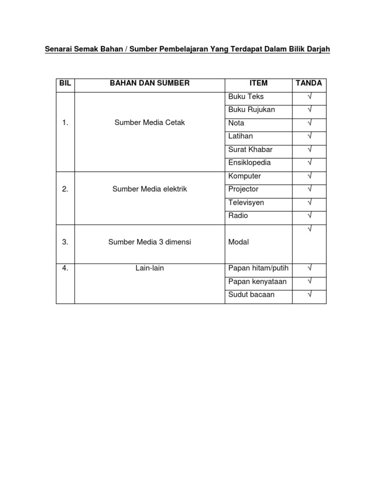 Senarai Semak Bahan | PDF | Kajian Bahasa Asing