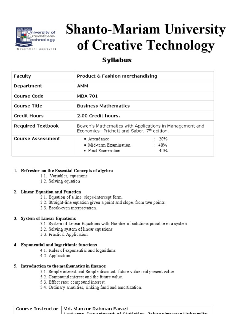 MBA 701 Business Mathematics Syllabus | PDF