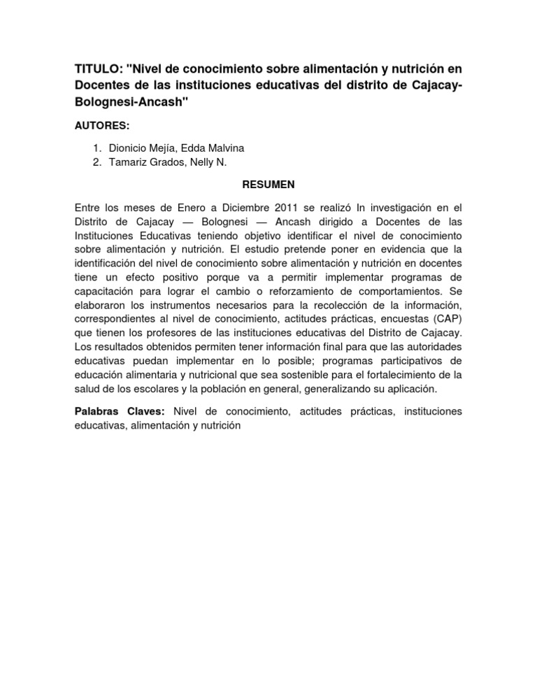 Nivel de Conocimiento Sobre Alimentación y Nutrición en Docentes de Las ...