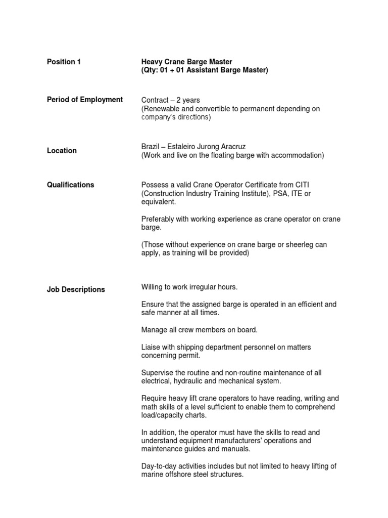 Floating Crane L3601 Crews Job Description PDF Crane (Machine