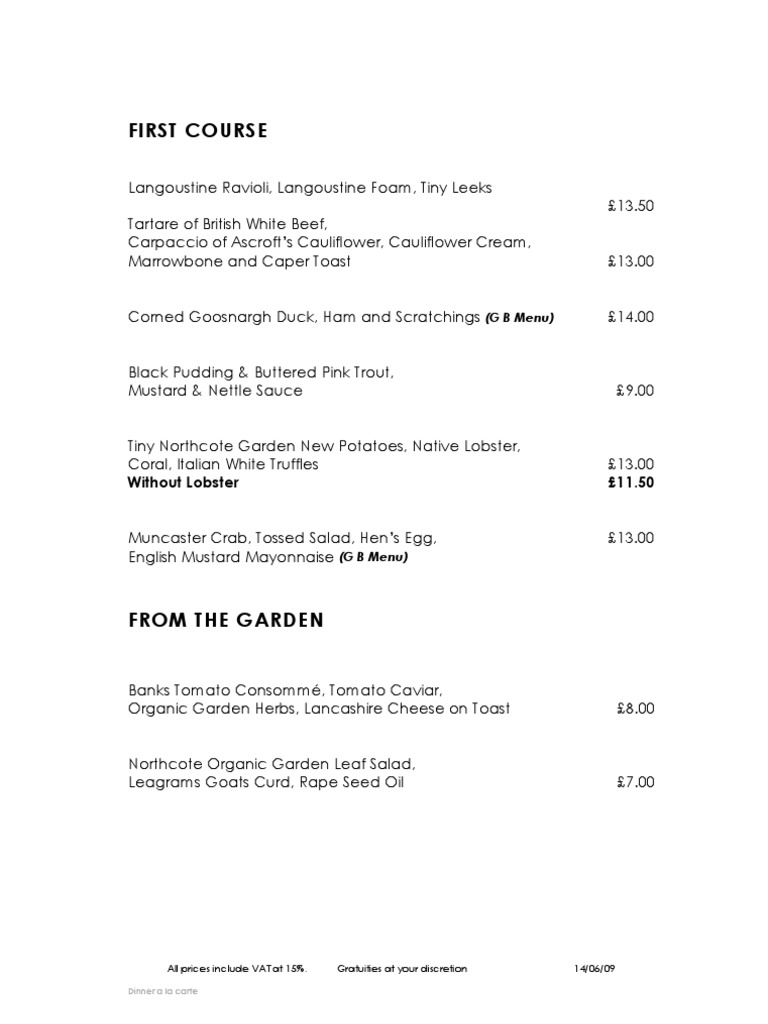 Sample Dinner Ala Carte Menu Desserts Salad