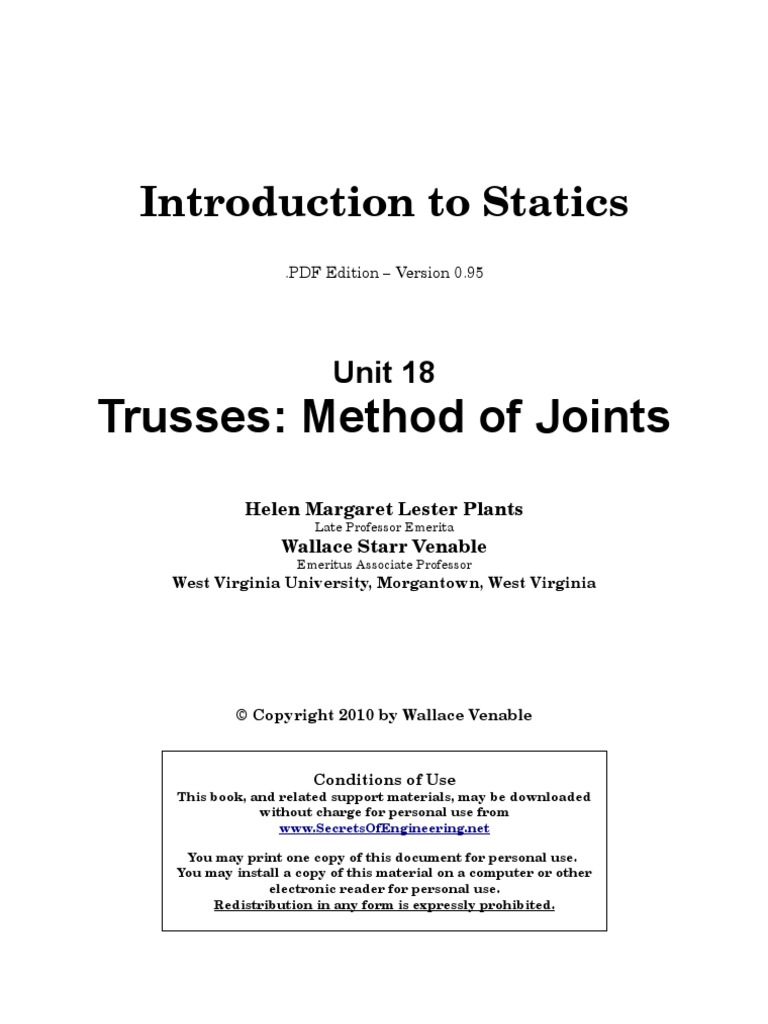 Trusses Method Of Joints Introduction To Statics Pdf Truss