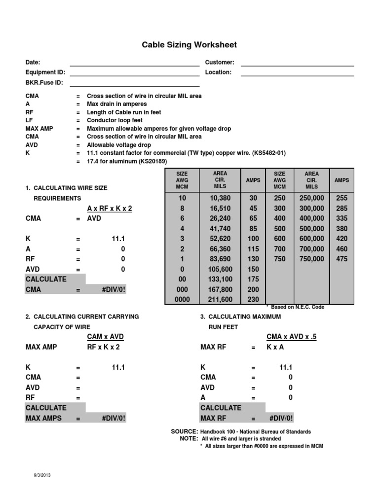 cable sizing calculation
