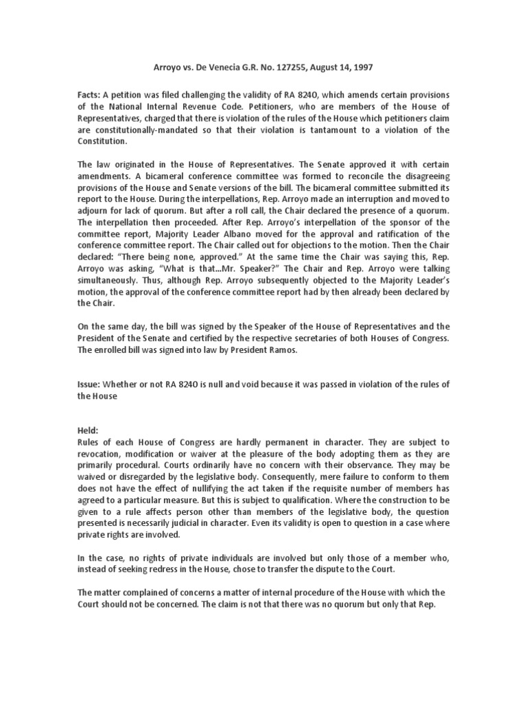Arroyo vs. de Venecia Case Digest PDF United States House Of