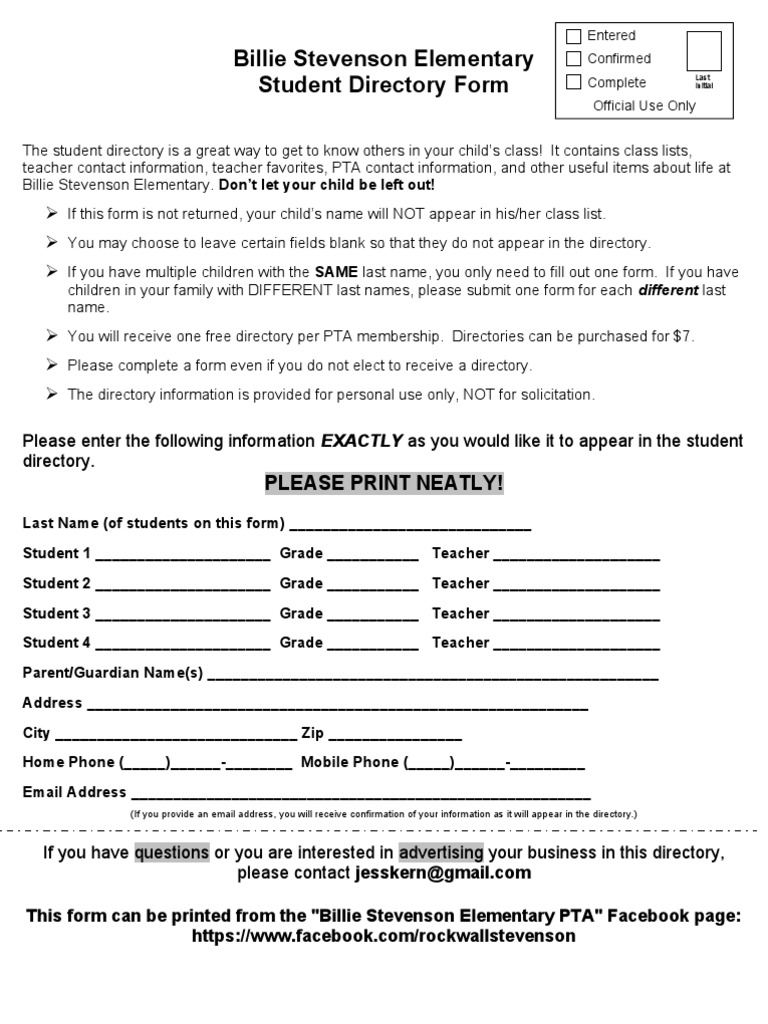 Billie Stevenson Elementary Directory Form | PDF