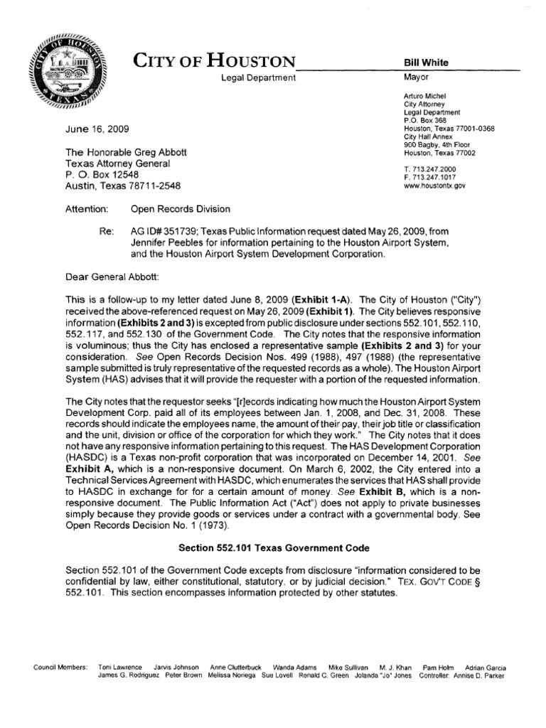 Houston Airport System letter to Texas attorney general regarding ...